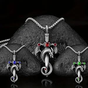 Vintage multi-color gemstone dragon sword stainless steel chain necklace for men's punk hip-hop accessories