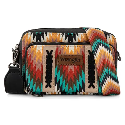 Wrangler Western Aztec Pattern Print Crossbody Bag for Women with Wide Guitar Strap & Rhinestone Concho