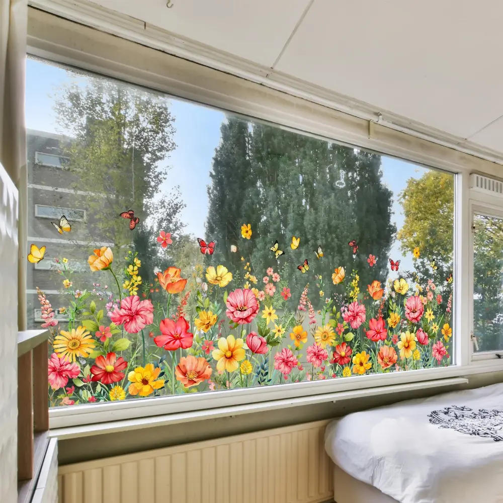 A set of two (30*60cm*2pcs) spring flower cluster butterfly natural atmosphere window stickers, Decorative Stickers, Removable Window Decal, Window Decorations Supplies, electrostatic adsorption glass window home decoration and beautification D18032*2