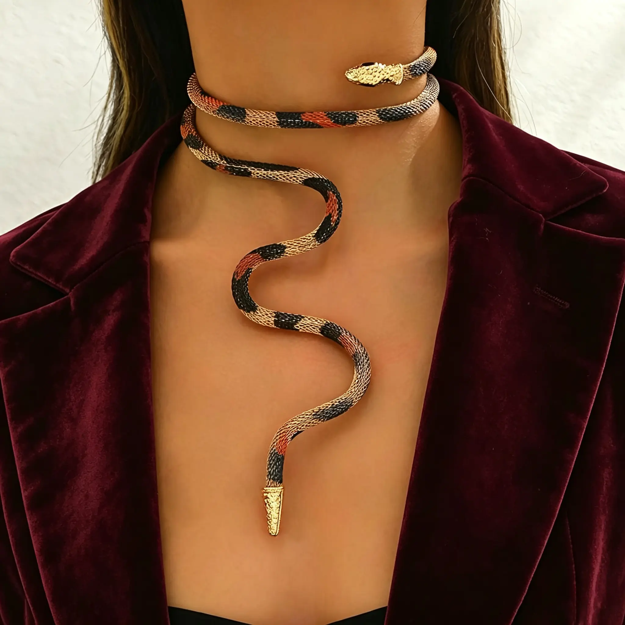 Women's Adjustable Snake Chain Necklace - Punk-Style Gold Pendant, Black-Orange Snake Pattern, Light Beige, Versatile Party/Daily Wear Gift for Indoor Recreation Enthusiasts