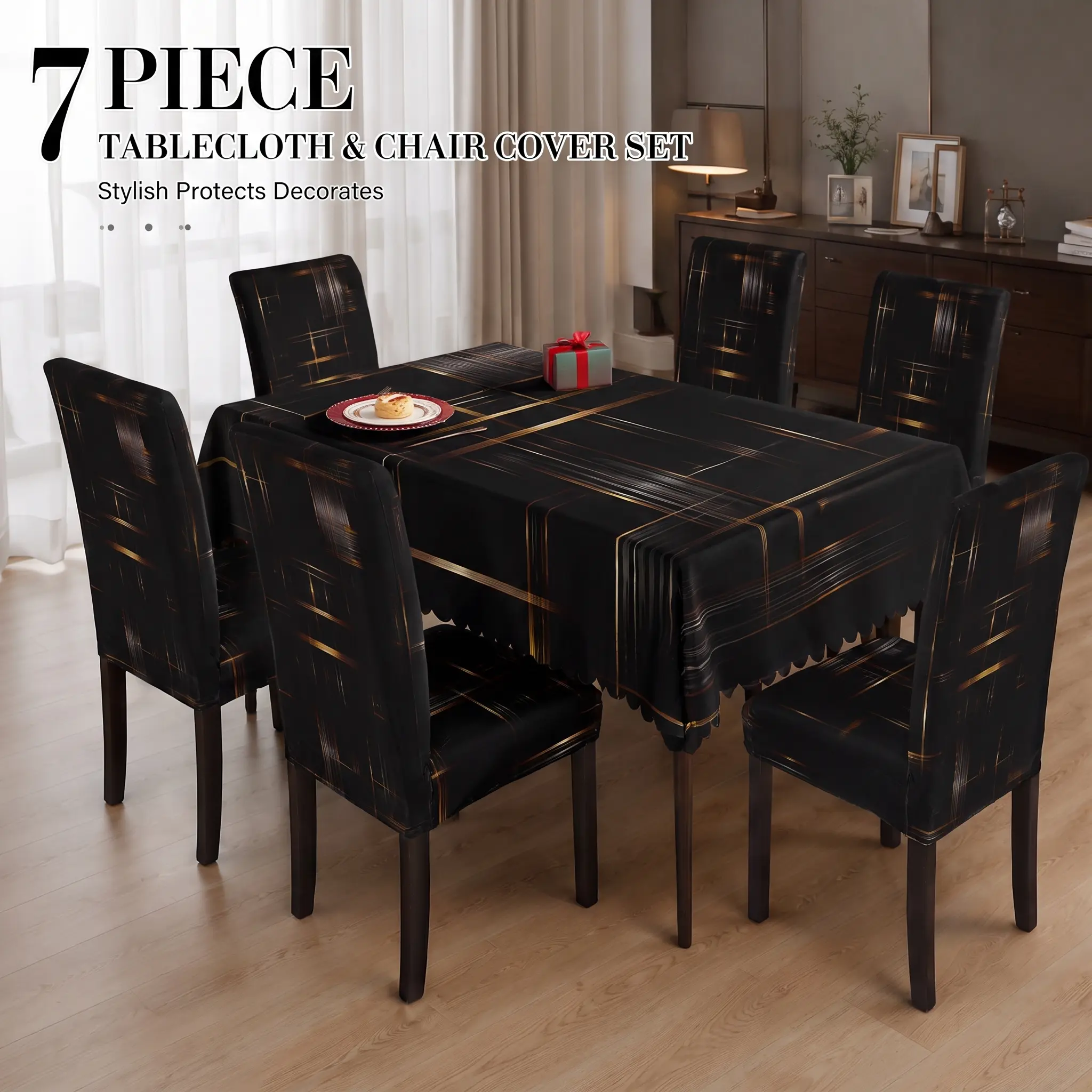 7PCS Black Gold Dining Table Cover Set, 1 Rectangle Tablecloth + 6 Stretch Chair Covers, Washable Elastic Chair Slipcovers, Modern Waterproof Table Protector for Kitchen Dining Room, Party, Holiday & Everyday Use
