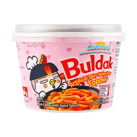 Samyang Buldak Carbonara Topokki - Spicy Chicken & Cheese Flavored Cheesy Rice Cakes, Instant Noodle Pack, Viral Korean Snacks, Ambient Pantry Food, Packaged Item for Spicy Food Lovers