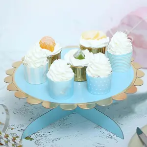 1-Tier Cardboard Cake Stand 13" Light Blue with Gold Scalloped Rim - Chic Reusable Cupcake Dessert Holder for Pastry Buffet & Sweets Station