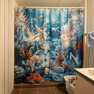 1/4pcs Ocean Themed Bathroom Decorations, Including Shower Curtain Set & Toilet Lid Cover & Mat & U-shaped Mat, Bathroom Accessories, Restroom
