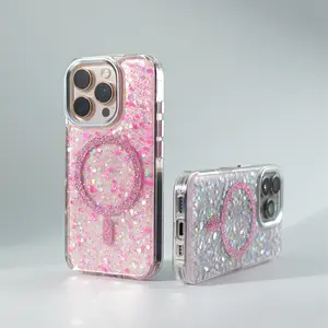 Trendy Glitter Foils Shockproof MagSafe Phone Case for iPhone 16 17 Pro Max 14 15 Pro 13 Plus Magnetic Wireless Charging Hard Cover