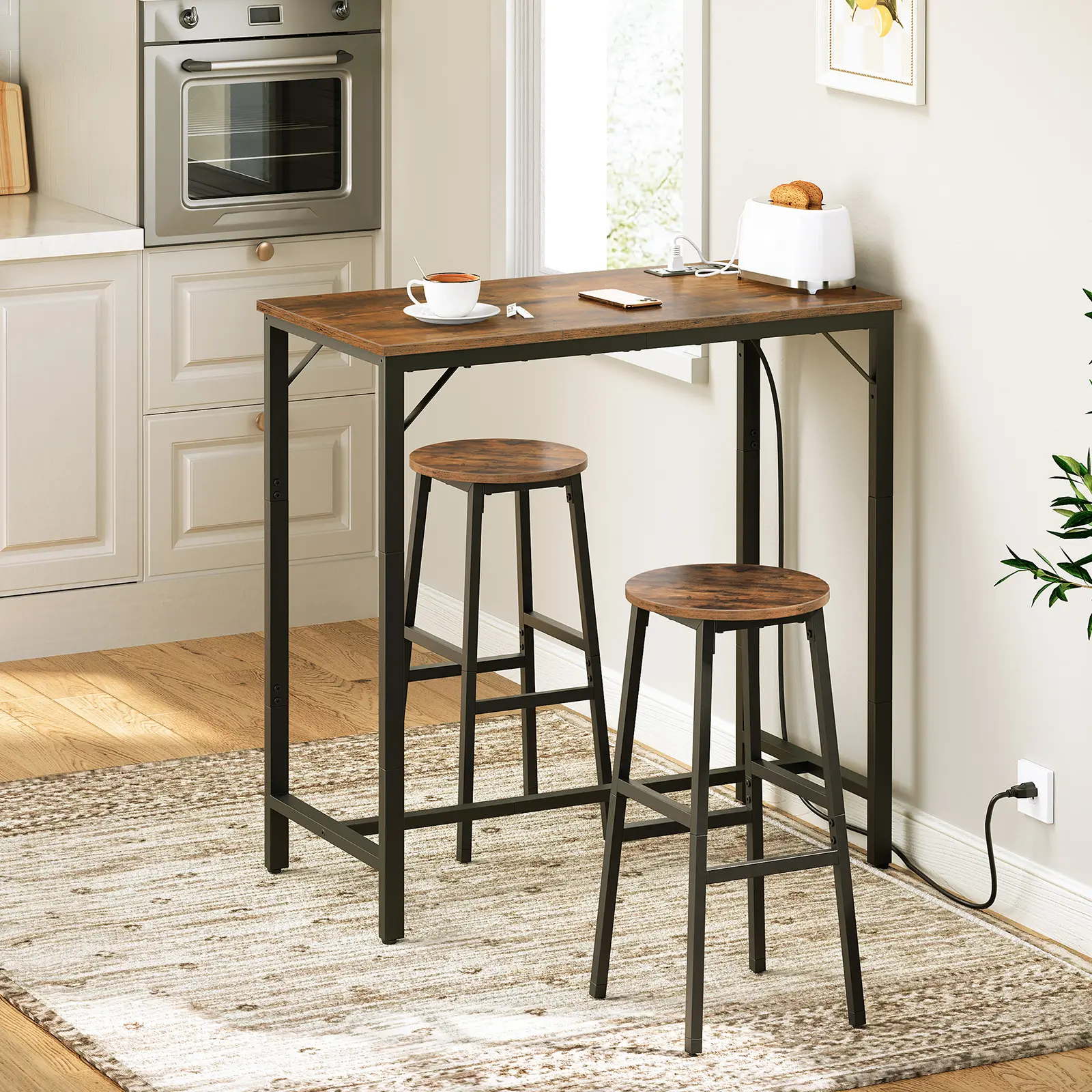 HOOBRO Bar Table with Charging Station, Rectangular Pub Table, High Top Coffee Table, Counter Bar Height Table, Narrow Long Dining Table, 35.4"L x 15.7"W x 35.6"H, Rustic Brown and Black #SummerVibes