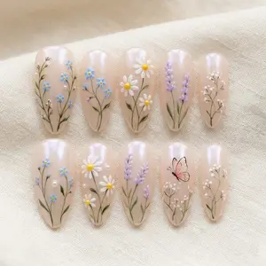 Wildflower Press On Nails, Pastel Floral Nails, Spring Garden Nails, Botanical Nails, Soft Girl Aesthetic Nails