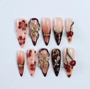 Fall Press On Nails with 3D Floral and Cherry Accents, Long Almond Tortoise Shell Nails in Neutral and Brown Tones for Autumn Look