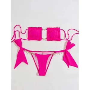 Women's Two Piece Bikini Swimsuit, Rhinestone Tassel Solid Color Top with Tie Side Bikini Panty, Beach Swimsuit for Women