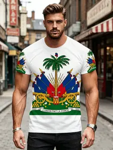 Men's 3D Digital Print Tropical T-Shirt, Haiti Flag Pattern, Short Sleeve Round Neck Casual Tee, Classic T-Shirt