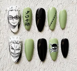 R0r0n0a Z-Z0r0 Inspired Press On Nails | 1 Piece Anime Nail Art | Hand Painted Character & Jolly Roger False Nails for Holiday, Vacation, Birthday