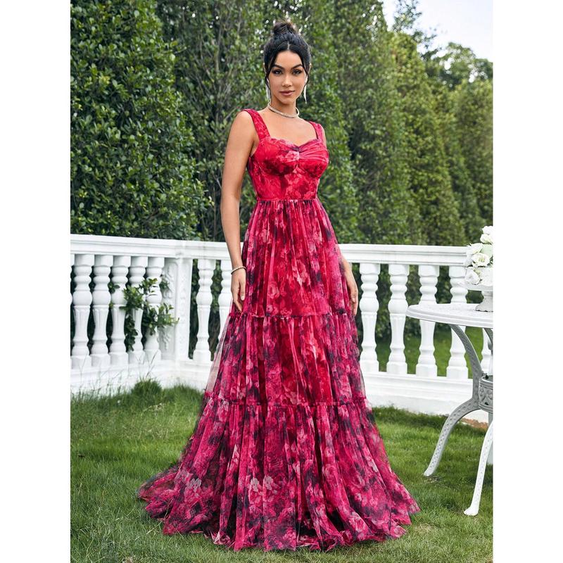 SHEIN Belle Floral Print Mesh Layer Dress Fashion Slim Ball Gown Skirt Maxi Women Outfit