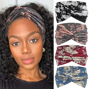 4 Pack Wide Headbands for Women Cute Boho Headband Floral Knotted Turban Head Bands Soft Hair Wraps African Head Scarf Fashion Turban Hairband Large Scarf Headband For Women’s Hair Accessories