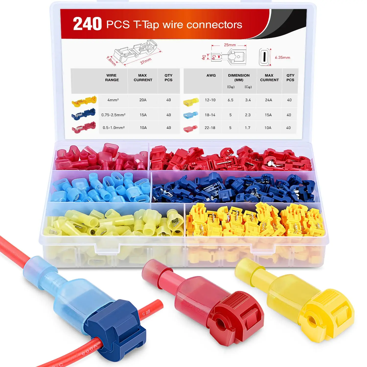 Nilight T-Tap Self-Stripping Wire Terminals Kit 50031R, 240 Pcs/120 Pairs Multi-Size Connectors with Nylon Fully Insulated Spade-Shape Tinned Copper 12-10 Gauge Male Quick Disconnects for Marine/Auto Use, Compatible with AC Power Supply (Ages 18+)