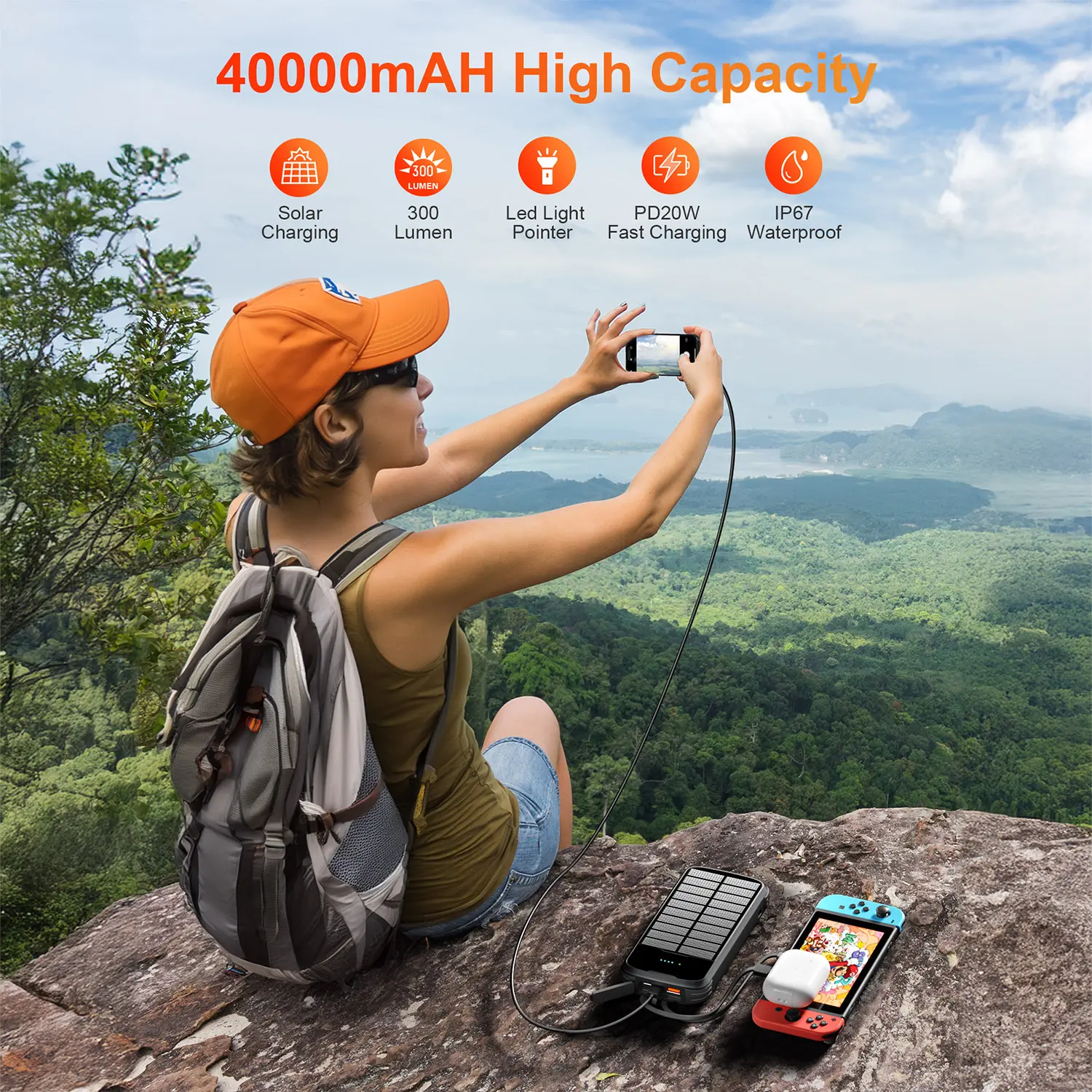 Portable 40000mAh Solar Power Bank with Built-in Flashlight 4