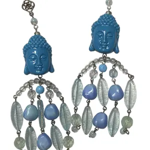 Buddha head beaded cascade waterfall statement earrings baby blue glass