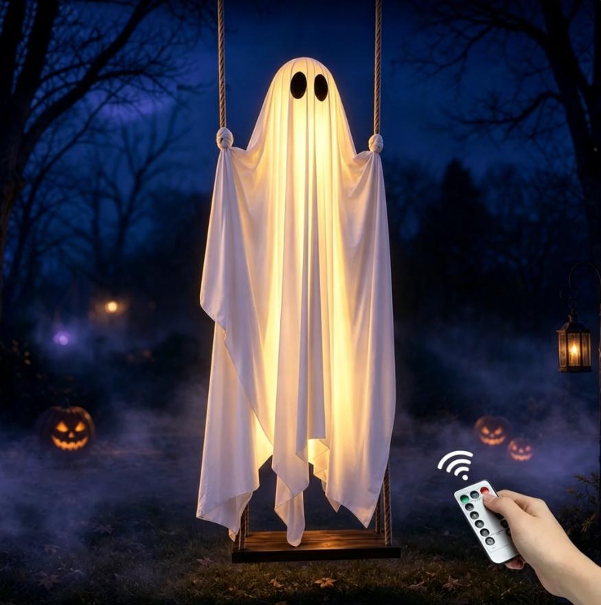 Halloween Decorations Outdoor - 5FT Large Hanging Ghost Swing with Remote Control String Lights, Scary Ghost Halloween Party Decor Outside for Tree Porch Yard Garden Lawn Ornaments halloween spooky decor