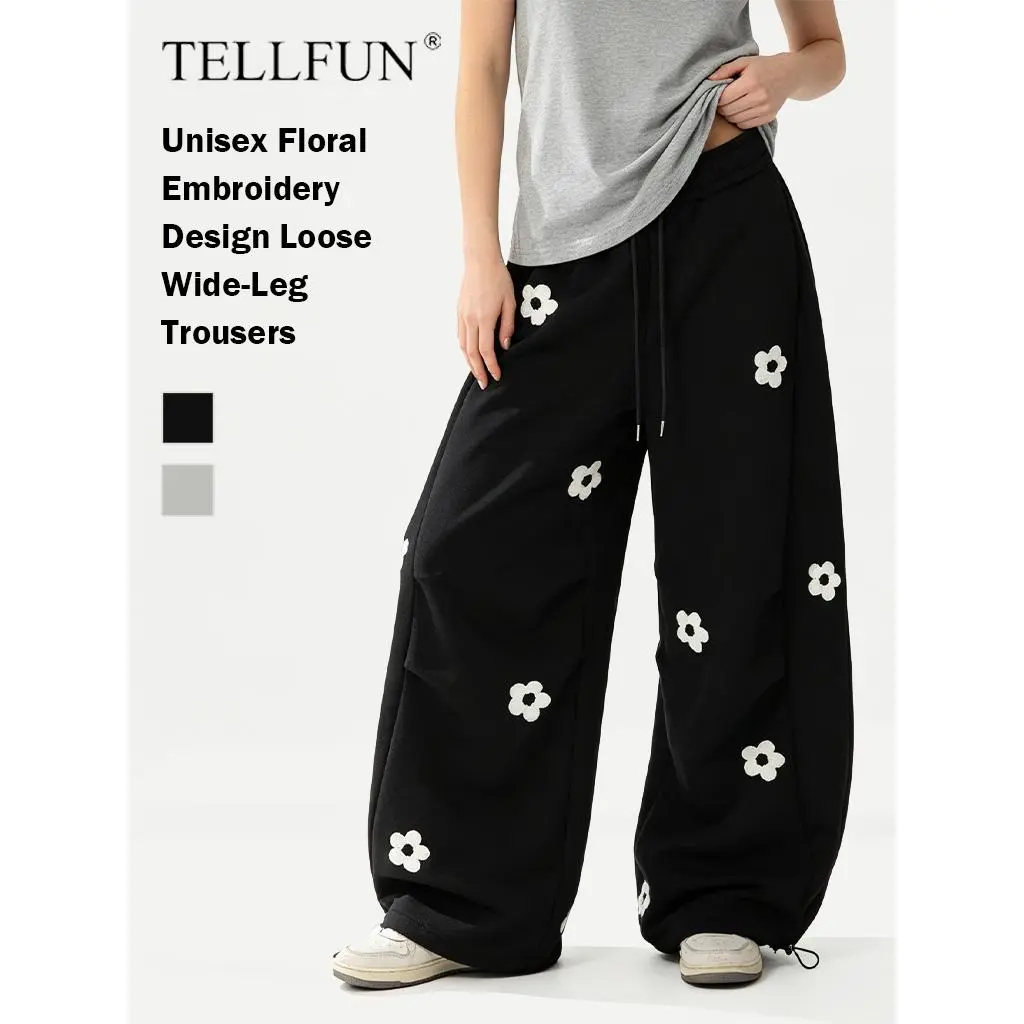 TELLFUN Men's Floral Embroidery Harem Pants, 2026 Spring Menswear, Elegant Elastic Waist Drawstring, Loose-Fitting Baggy Wide Leg Cotton Joggers, All Seasons Casual Y2K Streetwear Vintage Bottoms