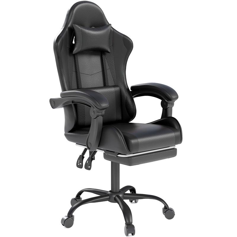 Gaming Chair with Headrest and Lumbar Support, Ergonomic High Back Office Chair, Racing Style Executive Computer Desk Chair, Leather Adjustable Swivel Task Chair for Home Office (Black)