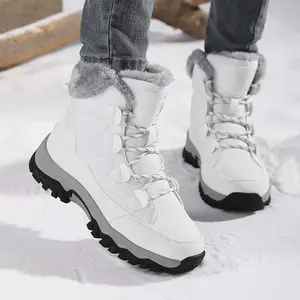 Women's Winter Snow Boots Waterproof Warm Wool Lined Non-slip Rubber Sole Lace-up Ankle Boots Fur Collar Outdoor Hiking Casual Shoes Girl Footwear Bota White White brown boots