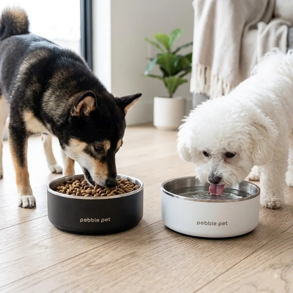 Dogs Cats Bowls Stainless Steel Heavy Duty Anti Slip, Gift for Small Medium Pet Owners, White Black, 48 oz