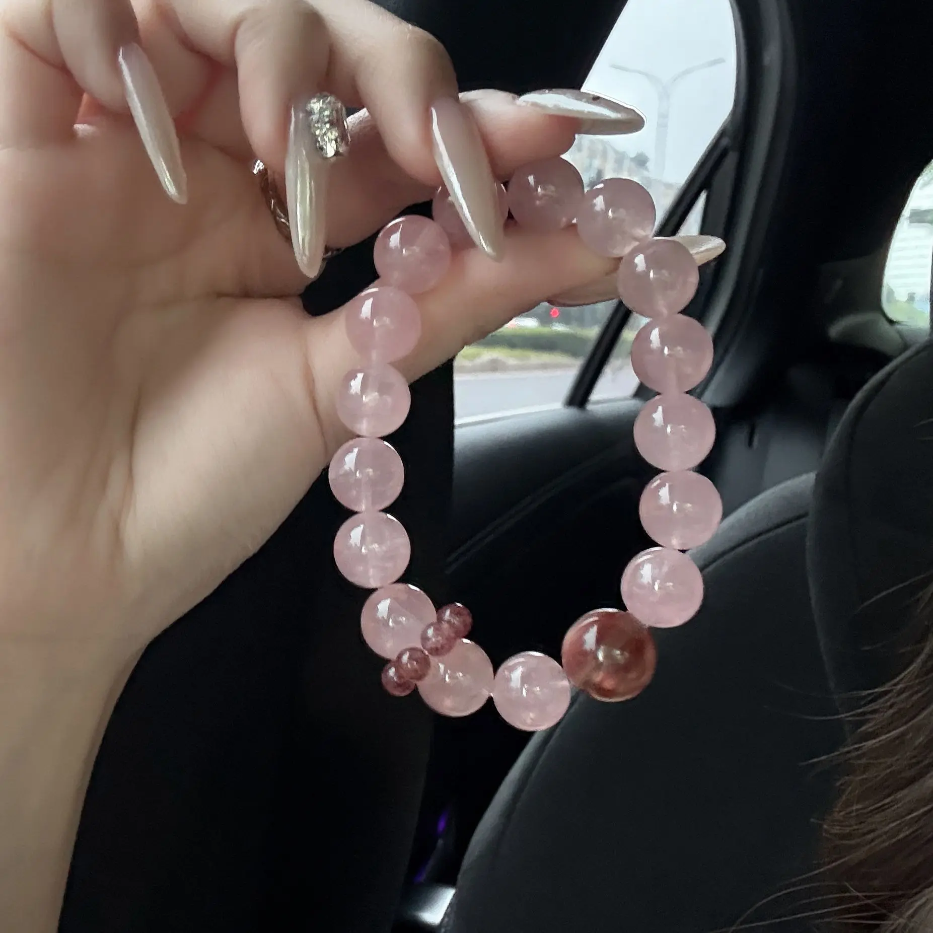 Rose Quartz Stretch Beaded Bracelet with Strawberry Quartz Accent Round Bead Women Sweet Fashion Jewelry Gift