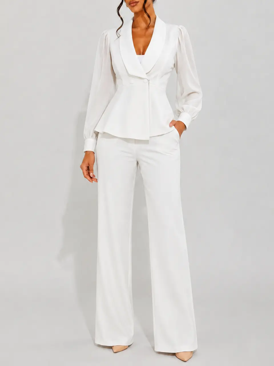 Acelyn Pant Suits for Women Dressy Chiffon Sheer Sleeve Ruffle Blazer Wide Leg Pants Pantsuit Sets Casual Work Outfit Elegant Fabric Long Sleeve Asymmetrical