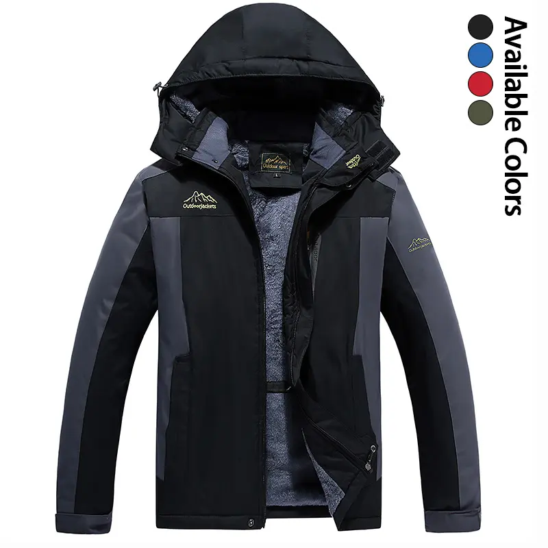 Men’s Thick Warm Fleece-Lined Windproof Colorblock Hooded Jacket for Outdoor Skiing and Climbing, Winter Outerwear