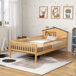 Solid Wood Twin Bed for Kids, House Headboard with Storage & Guardrails, Space-Saving Low Bed Frame, No Box Spring – Playhouse Bed, Kids Room Furniture