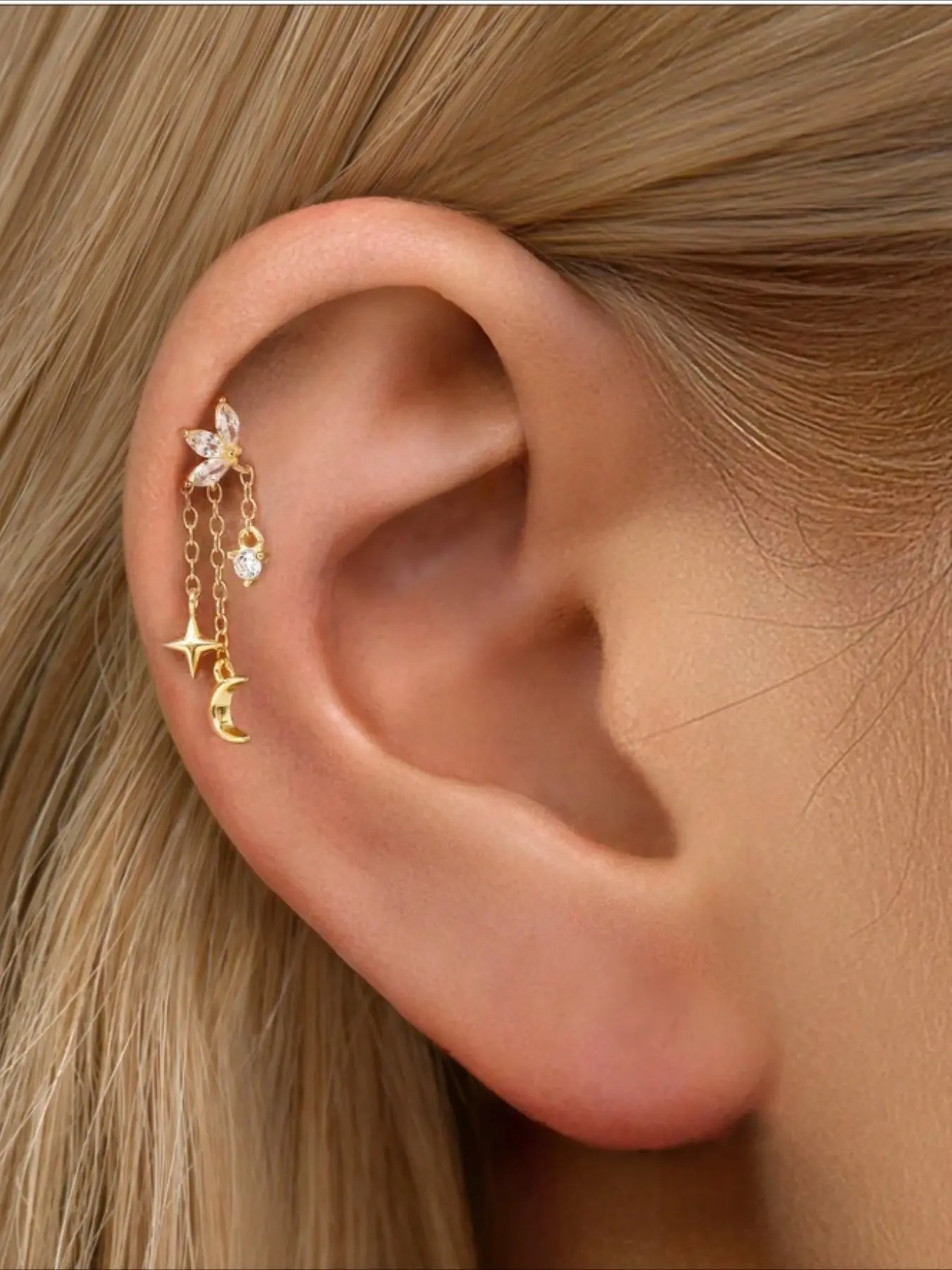 Asymmetric Star Moon Earrings, Boho Style Women's Dangle Jewelry, Long Tassel Rhinestone Ear Cuffs, Elegant Star Moon Studs, Trendy Jewelry, Exquisite Jewelry Gift, Fashionable Earrings, Dangling Earrings