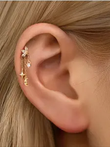 Asymmetric Star Moon Earrings, Boho Style Women's Dangle Jewelry, Long Tassel Rhinestone Ear Cuffs, Elegant Star Moon Studs, Trendy Jewelry