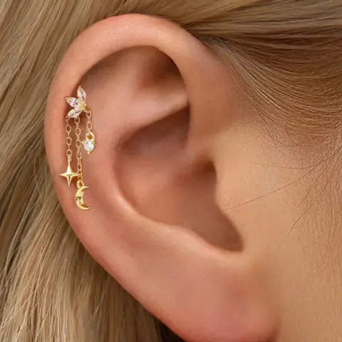 Asymmetric Star Moon Earrings, Boho Style Women's Dangle Jewelry, Long Tassel Rhinestone Ear Cuffs, Elegant Star Moon Studs, Trendy Jewelry, Exquisite Jewelry Gift, Fashionable Earrings, Dangling Earrings