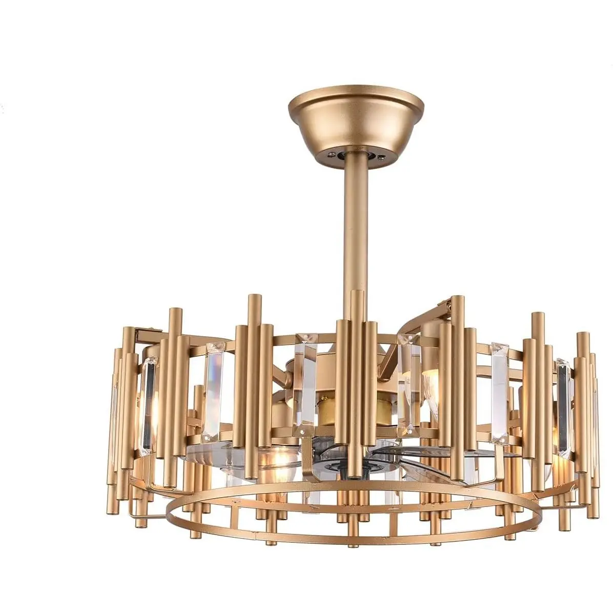 20" Champagne Gold Ceiling Fan with LED Light Remote control, 3-Speed Quiet Enclosed Fandelier Gold Caged Crystal Ceiling Fan Downrod Mount Industrial Metal Chandelier Fan 7 Invisible Blades