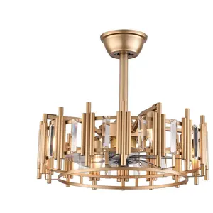 20" Champagne Gold Ceiling Fan with LED Light Remote control, 3-Speed Quiet Enclosed Fandelier Gold Caged Crystal Ceiling Fan Downrod Mount Industrial Metal Chandelier Fan 7 Invisible Blades