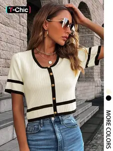 Women's Knit Casual Commuter Top, Spring Summer Colorblock Square Neck Short Sleeve Button Fitted Regular Fit T-Shirt, Random Pattern, Knitwear Womenswear