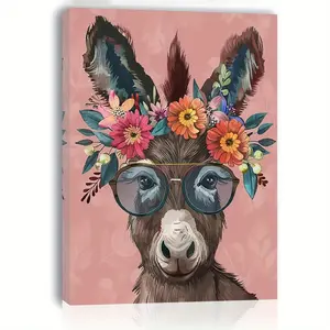 1pc Whimsical Donkey Canvas Wall Art Print with Wooden Frame, Floral Crown and Glasses, Artistic Decoration, Ideal for Bachelor Party Decor, Unique Home & Office Wall Hanging, Gift-Friendly