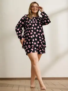 BLOOMCHIC Sweet Hearts Stretchy Waist Knit Loungewear Set Fit Pajama Nightwear Sleeve Womenswear Homewear Pjs Black christmas pajamas sneaky pajamas grinch pajamas christmas pjs lounge set target christmas pjs Sleep Dress Pyjamas