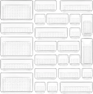 Vtopmart 25 PCS Clear Plastic Drawer Organizers Set, 4-Size Versatile Bathroom and Vanity Drawer Organizer Trays, Storage Bins for Makeup, Bedroom, Kitchen Gadgets Utensils and Office