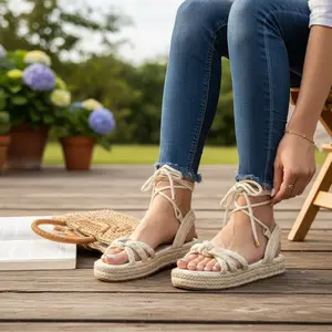2cm White Jute Platform Sandals with Gladiator Lace-Up - Handcrafted Colombia