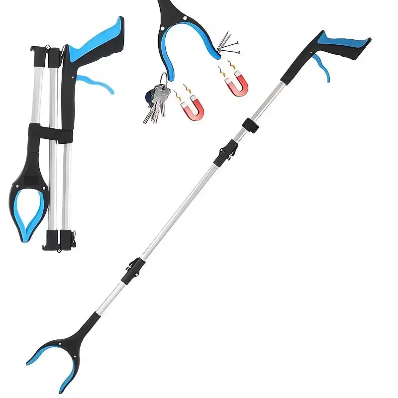 Tri-fold Blue Extra-Long 43-Inch Foldable Garden Trash Grabber Tool with Magnetic Tip, Multi-functional Sweeping Pliers, Lightweight Telescopic Arm, Multi-angle Flexible Gripping, Suitable for Bedroom, Kitchen, Patio, Floor Cleaning