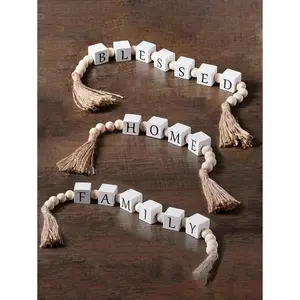 1PC Home, Family Bless Font Wood Beaded Fringe Garland Decoration Square Wood Letter Beads Original Wood Color Wood Beaded Rope Fringe String Home Decoration Pendant Crafts crib