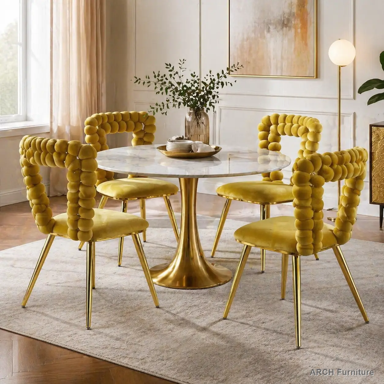 Modern Arch Armless Legged Upholstered Ball-Shaped Dining Chairs (Set of 4) - Yellow & Gold Fabric Padded, Soft Cushions, Comfortable Backrest, Powder-Coated Rustproof Iron Tube Legs, Hairball Back Design, for Dining Room, Living Room, Armless Legged Chai