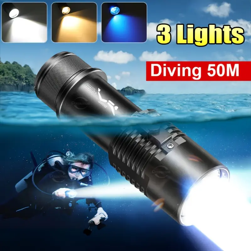 Rechargeable Dive Light - Polished Aluminum Alloy LED Flashlight, 1000-3000 Lumen, Yellow & Blue Beams, 50m Waterproof for Scuba Diving Activities, Submersible