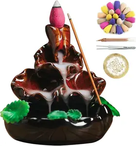 Cute Ceramic Backflow Incense Holder Waterfall Incense Burner with 48 Incense Cones and 30 Incense Stick, Incense Fountain for Home Decor, Desk Decor (Red)