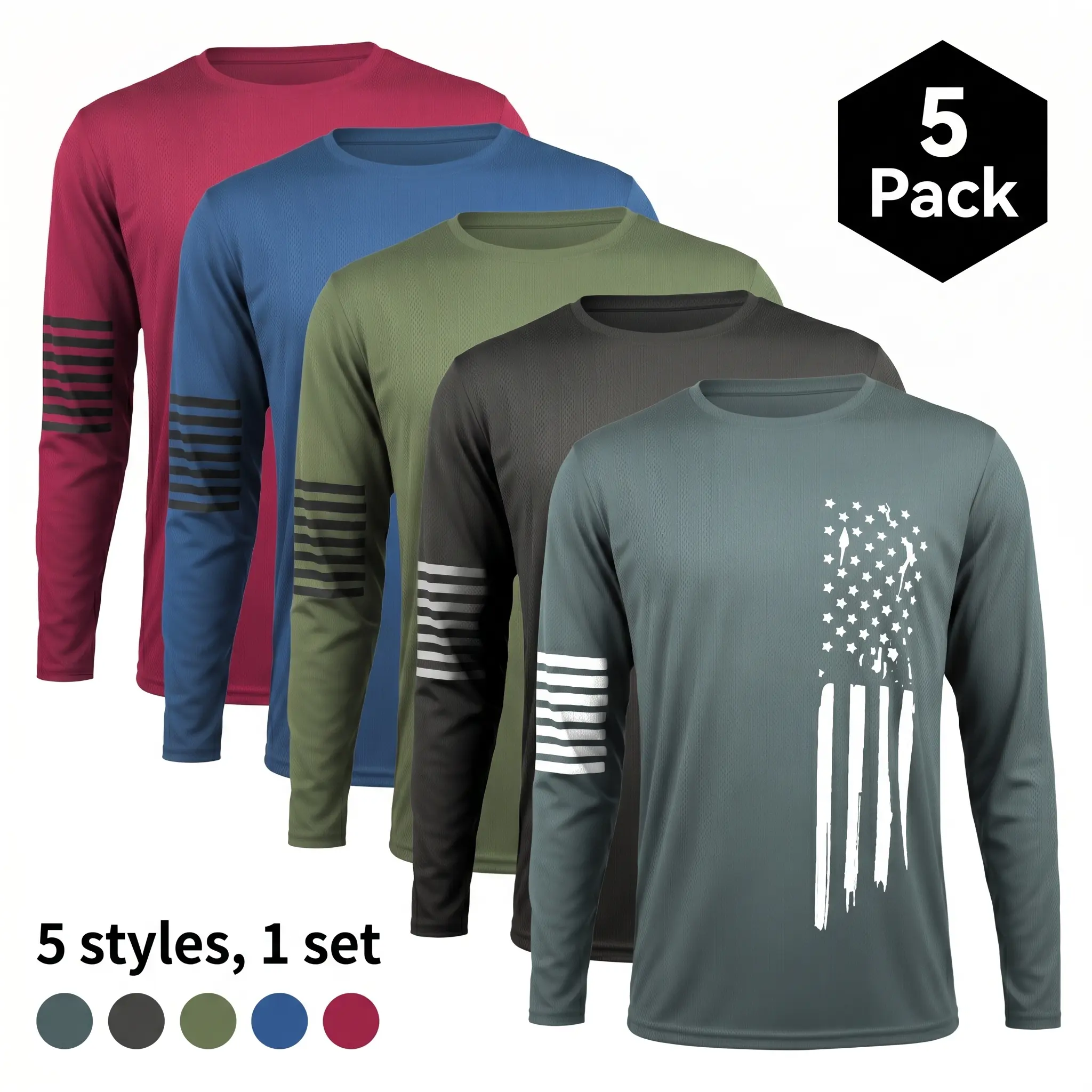 Men's 5-piece long sleeved T-shirt lightweight plain color lining Patriot Apparel men's clothing suitable for gym sports wear, quick drying breathable fabric for daily casual wear, spring and autumn men's clothing Athletic Apparel Athletic Mesh