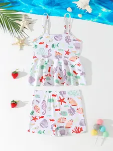 Teen Girls Summer Beachwear Set, Shell Ocean Animal Print Thin Strap Ruffle Hem Sleeveless Crop Top & Shorts, Vacation Style Swimsuit