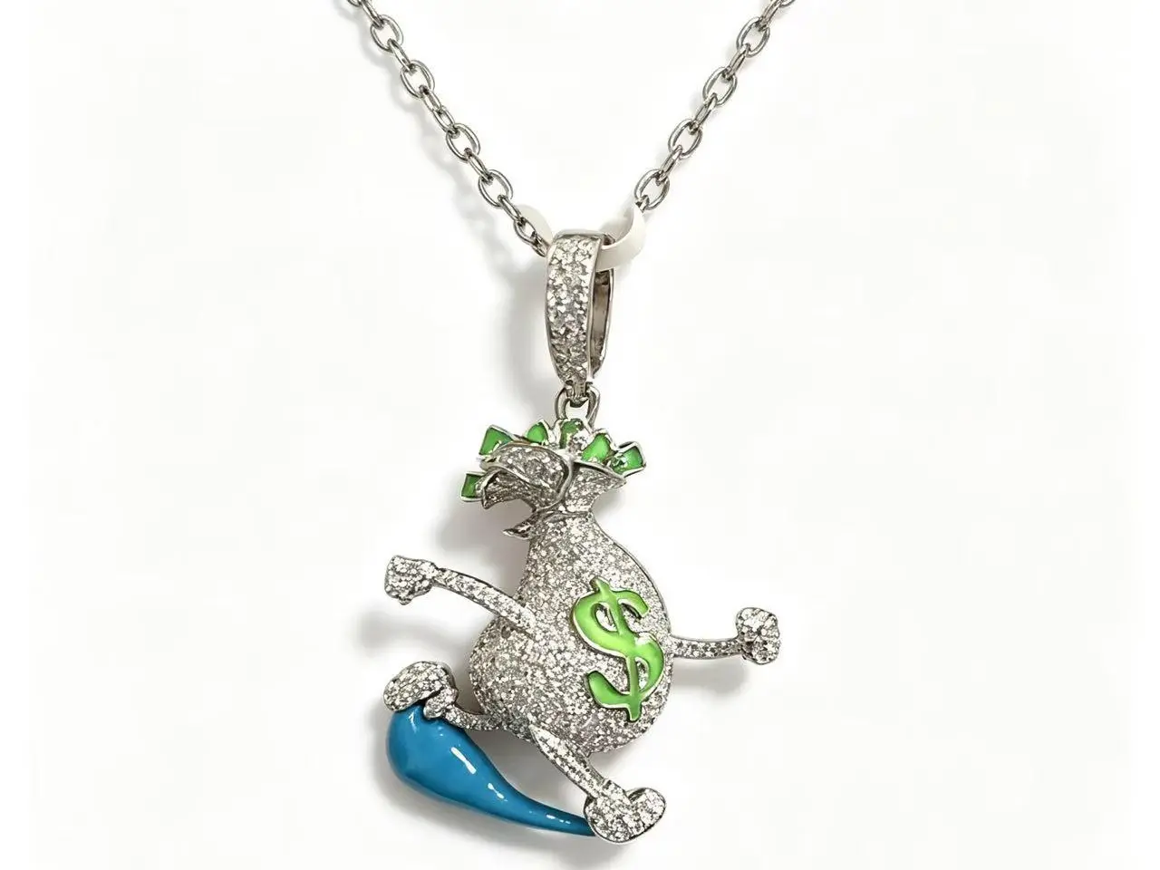 M2-8066 Animated Cash Bag Moiss Charm, Fully Sparkling with Fun Enamel Accents, The Ultimate Hip Hop Piece to Show Off Your Money-Making Vibe