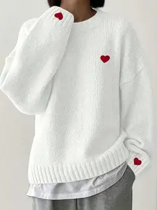 Women's Fashion Heart Decor Knit Sweater, Round Neck Long Sleeve Loose Fit Sweet Style, Casual Spring Fall Daily Wear Top Knitwear Womenswear