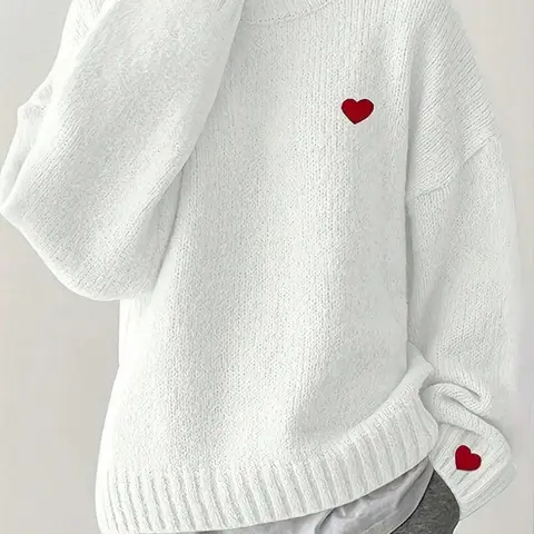 Women's Fashion Heart Decor Knitted Sweater, Round Neck Long Sleeve Loose Fit Sweet Style, Basic Casual Spring Fall Daily Wear Top Knitwear Womenswear Fitted Knitting