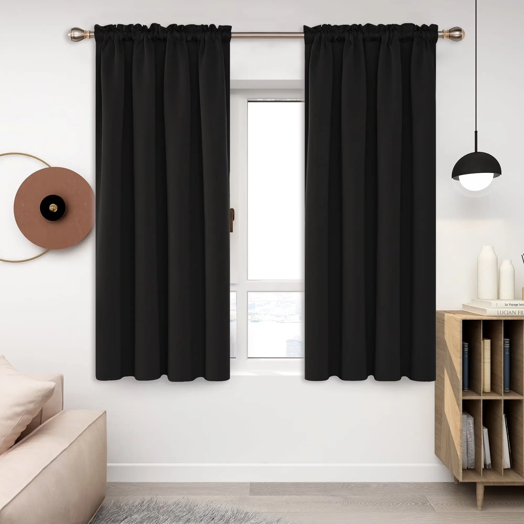Thermal Insulated Blackout Curtains Pack of 2, Rod Pocket Window Curtains Panels for Bedroom, Black, 52"W x 54"L